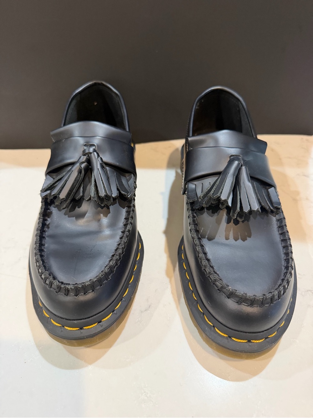 NWOT Dr. Martens Black Leather Tassel Loafers with Yellow Stitching